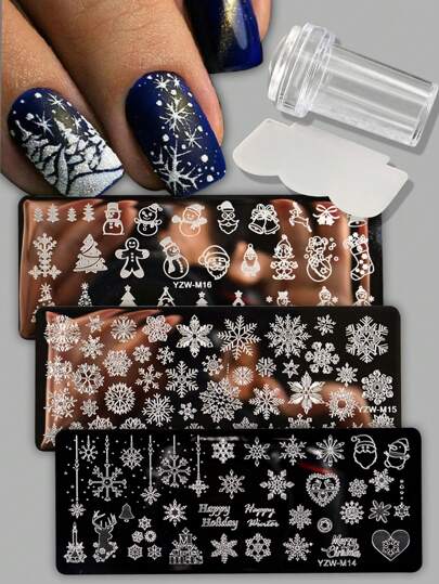4pcs/Set Nail Art Stamping Plate And Scraper Kit, Christmas Snowflake, Snowman, Christmas Tree, Reindeer, Bell Design, DIY Nail Polish Transfer Printing Tools