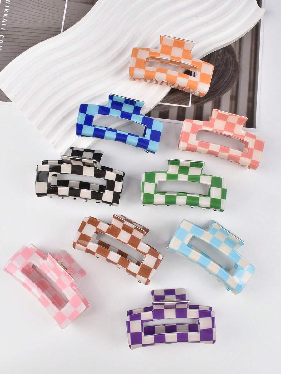 1pc Women's High-Quality Elegant Sweet Versatile Dopamine Checkered Square Medium Hair Claw,Cute Daisy Flower Acrylic Hair Clip