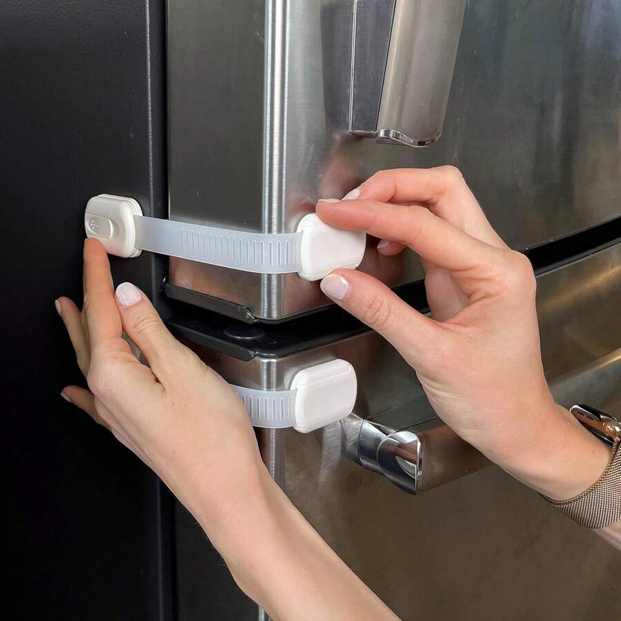 8 件装婴儿防护橱柜锁 - 儿童防护可调节多用途带锁扣，适用于抽屉、冰箱、洗碗机、马桶座圈、橱柜、壁橱、烤箱、垃圾桶，无需钻孔 - 白色 - 查看 1