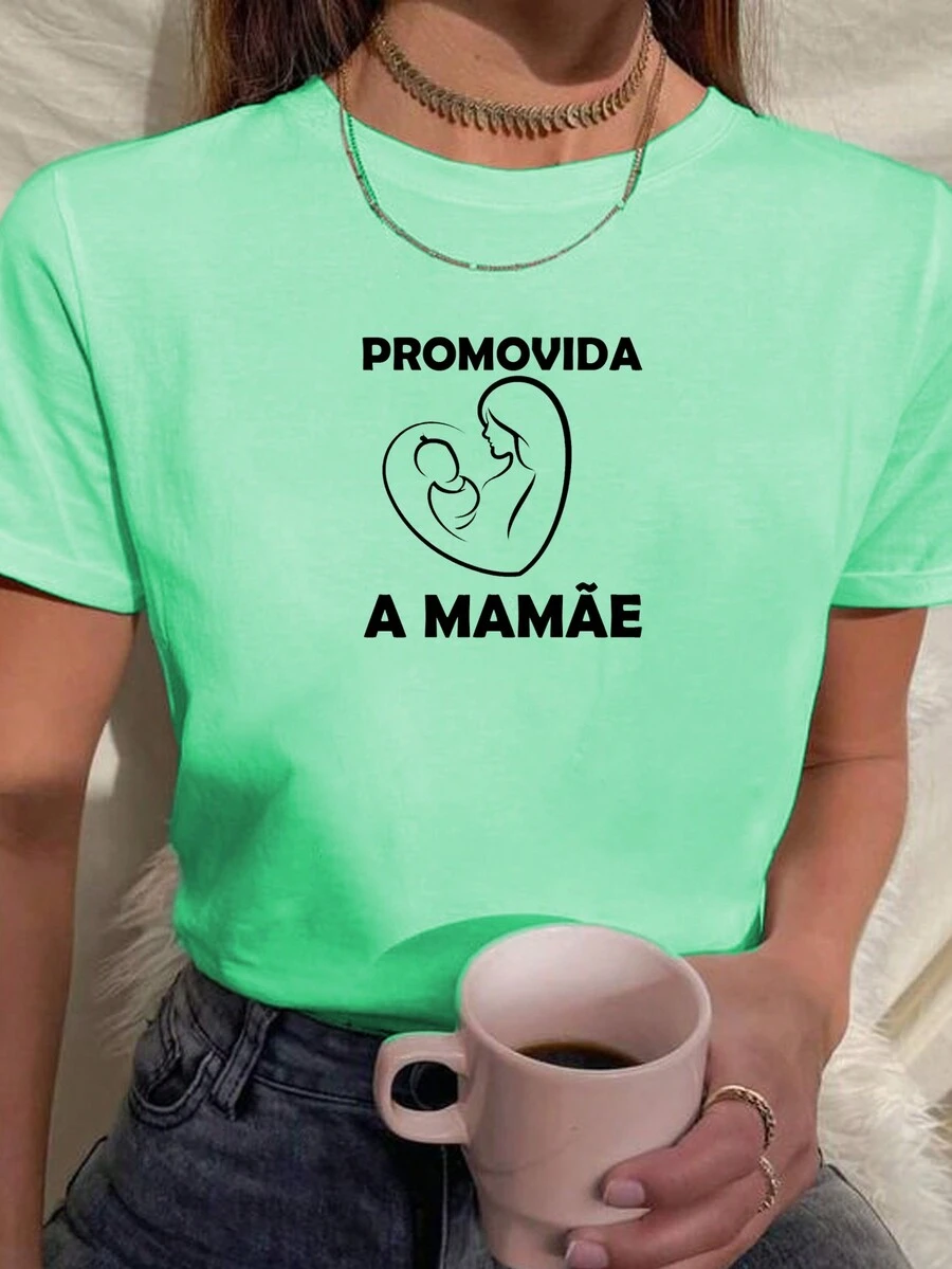 Women's Baby Look Printed T-Shirt Promoted To Mom Various Colors 100% Cotton - 薄荷綠 - 查看 1