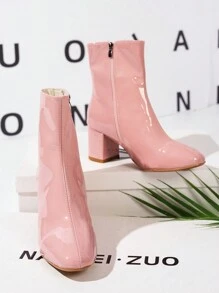 Women's Plus Size Pink Glossy Patent Leather Side Zipper Design High Heel Short Boots, Suitable For Workplaces, Fashion Casual, Chunky Heel Chelsea Boots, Outdoor Slim, Short Shaft Elegant Booties