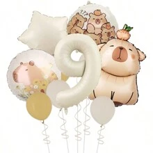 MIN ISO No use 10pcs Cute Capybara Theme Kawaii Hamster Series Cream & Caramel Colored 3D Numeral Multicolored Balloons Party Decorations Set, Suitable For Holidays, Birthdays, Gatherings, Back To School Valentine Day