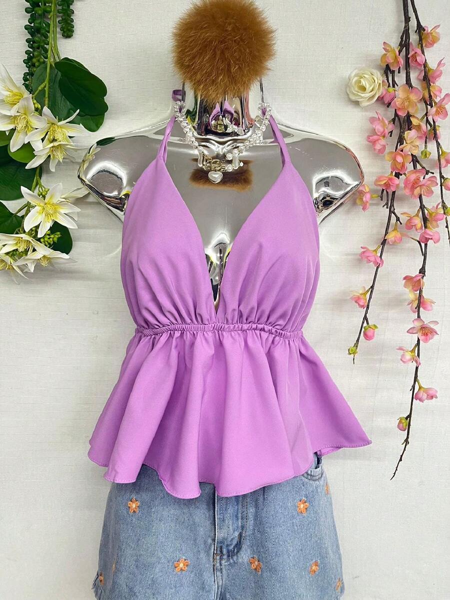 T 066 Ruffle Trim Tied Backless Halter Top - Mauve Purple - View 1