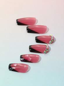 24 件/套新款短方形按压式指甲 DIY 水钻装饰女士指甲，冬季时尚美甲套装包括 1 个指甲锉和 1 个果冻凝胶指甲，礼盒适合女孩、节日、婚礼、派对美甲用品指甲