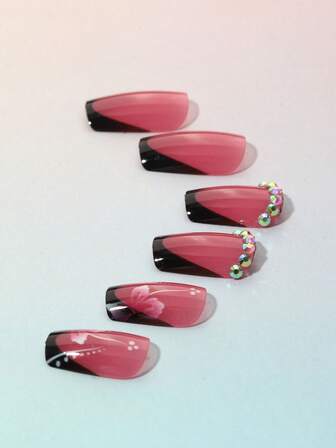 24 件/套新款短方形按压式指甲 DIY 水钻装饰女士指甲，冬季时尚美甲套装包括 1 个指甲锉和 1 个果冻凝胶指甲，礼盒适合女孩、节日、婚礼、派对美甲用品指甲