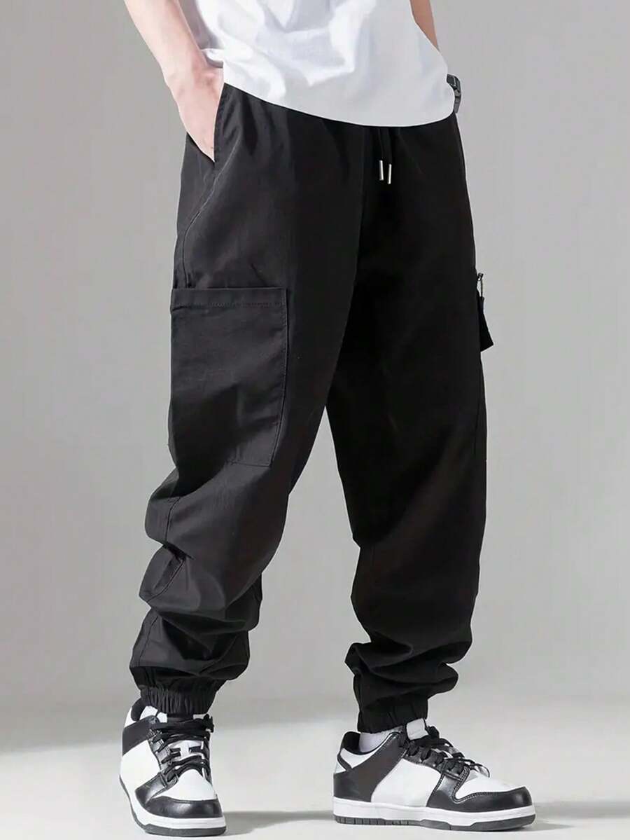 Men's Casual Cargo Pants With Slant Pockets And Drawstring Hem - Black - View 1