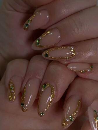 10 件手工杏仁形假指甲，自然色，金色，镜面，绿色水钻和仿珍珠装饰，简约优雅的设计适合办公室佩戴按压式指甲美甲用品