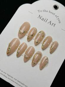 10片手工杏仁形假指甲，自然色，饰以金色、镜面、绿色水钻和仿珍珠，简约优雅设计，适合办公室佩戴，按压式美甲贴片，手工美甲贴片 - 彩色 - 查看 3