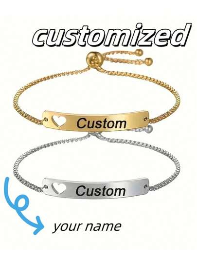 3pcs Personalized Custom Hollow Heart Titanium Steel Bracelet, Engraved Name & Number Chain Bracelet, Birthday Gift For Friends