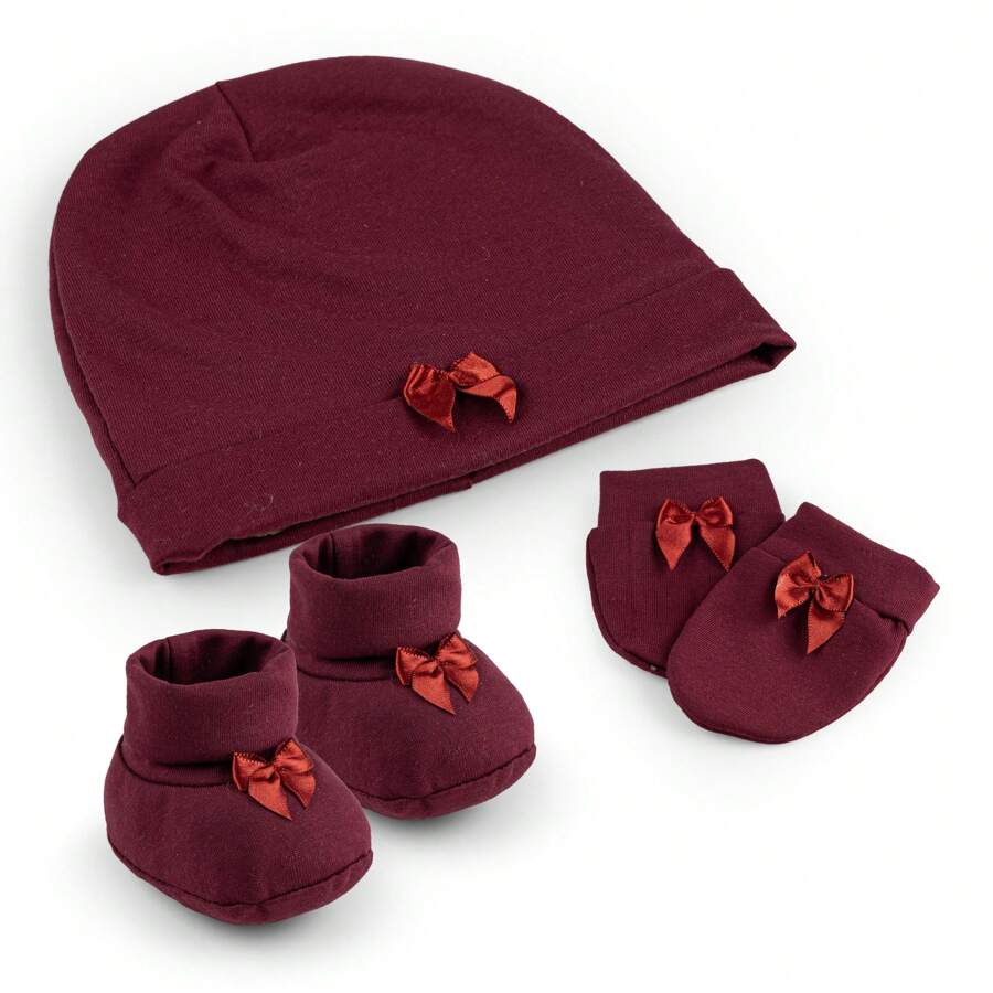 Maternity Kit For Girls And Boys, Hat, Gloves And Shoes For Newborn Babies, 100% Cotton Mesh - Maroon - View 1