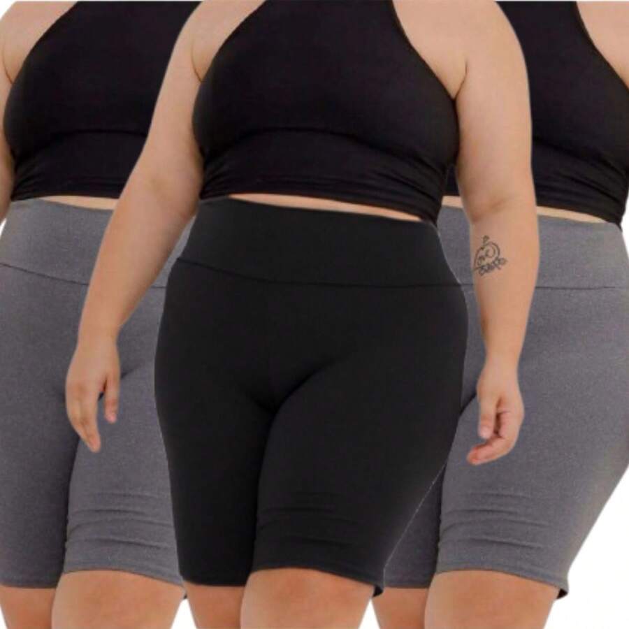 Kit 3 Bermuda Plus Size Women's Suplex Legging Cycling Shorts High Waist Butt Lift - 淺灰色 - 查看 1