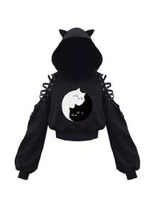 Womens Cat Ear Hoodie Sweatshirt Long Sleeve Sweater Off Shoulder Cat Cute Crop Top Hoodies Pullover - 黑與白 - 查看 1