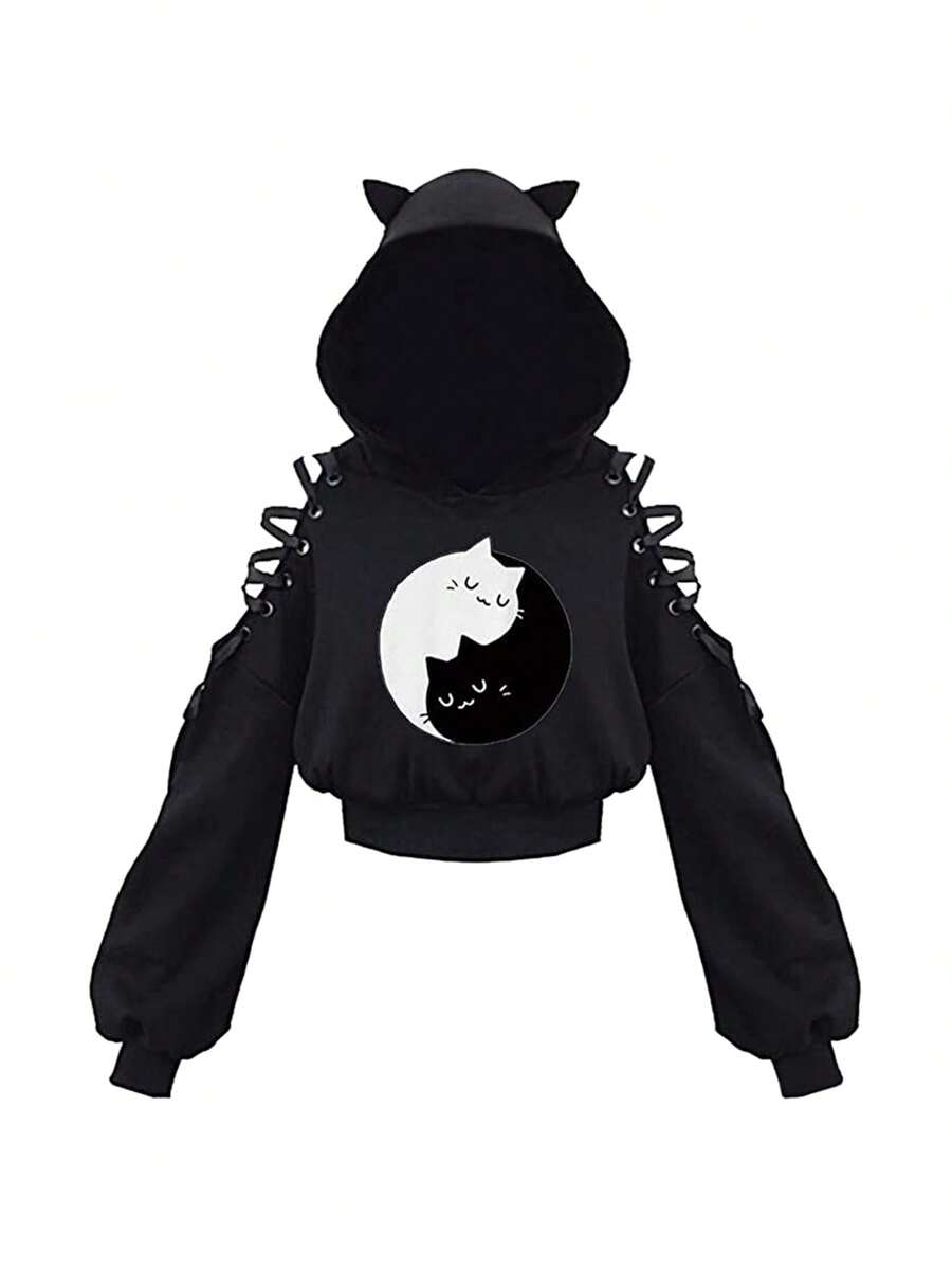 Womens Cat Ear Hoodie Sweatshirt Long Sleeve Sweater Off Shoulder Cat Cute Crop Top Hoodies Pullover - 黑與白 - 查看 1