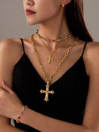 1 件奢华复古高档铜长项链，彩色颈链可叠戴或单独佩戴，产品不含包装盒