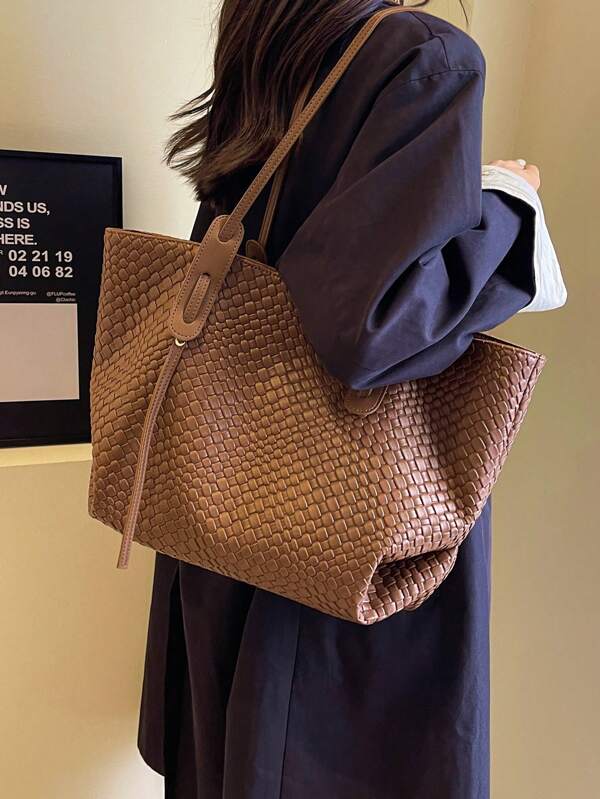 1pc Low Tea Solid Color PU Leather Shoulder Bag, Women Casual Large Capacity All-Over Floral Pattern Tote Bag With Dual Handles, Zipper Closure, Suitable For Travel, Shopping, Dating, Student, Office, Academy, Work, Commute, Outdoor, Picnic