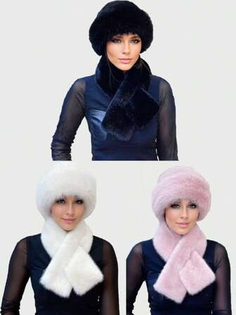 1 set fuzzy wintermuts met bijpassende sjaal, donzige dikke gehoorbeschermingsmuts, mode en retrostijl voor feesten en bijeenkomsten
