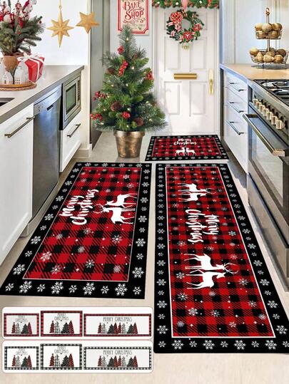 1 件圣诞地垫套装，水牛格子麋鹿树设计防滑矩形厨房地毯套装，非常适合厨房家庭浴室节日装饰用品，圣诞装饰家居装饰 2024 新年快乐 2025 礼物，圣诞节