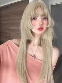 alicegarden 1 件合成耐热、白金长直假发、三层、26 英寸长、纤维制成、适合日常使用、自然逼真的假发（不包括配件） - 金色 - 查看 4