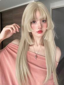 alicegarden 1 件合成耐热、白金长直假发、三层、26 英寸长、纤维制成、适合日常使用、自然逼真的假发（不包括配件） - 金色 - 查看 1