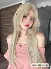 alicegarden 1 件合成耐热、白金长直假发、三层、26 英寸长、纤维制成、适合日常使用、自然逼真的假发（不包括配件） - 金色 - 查看 3