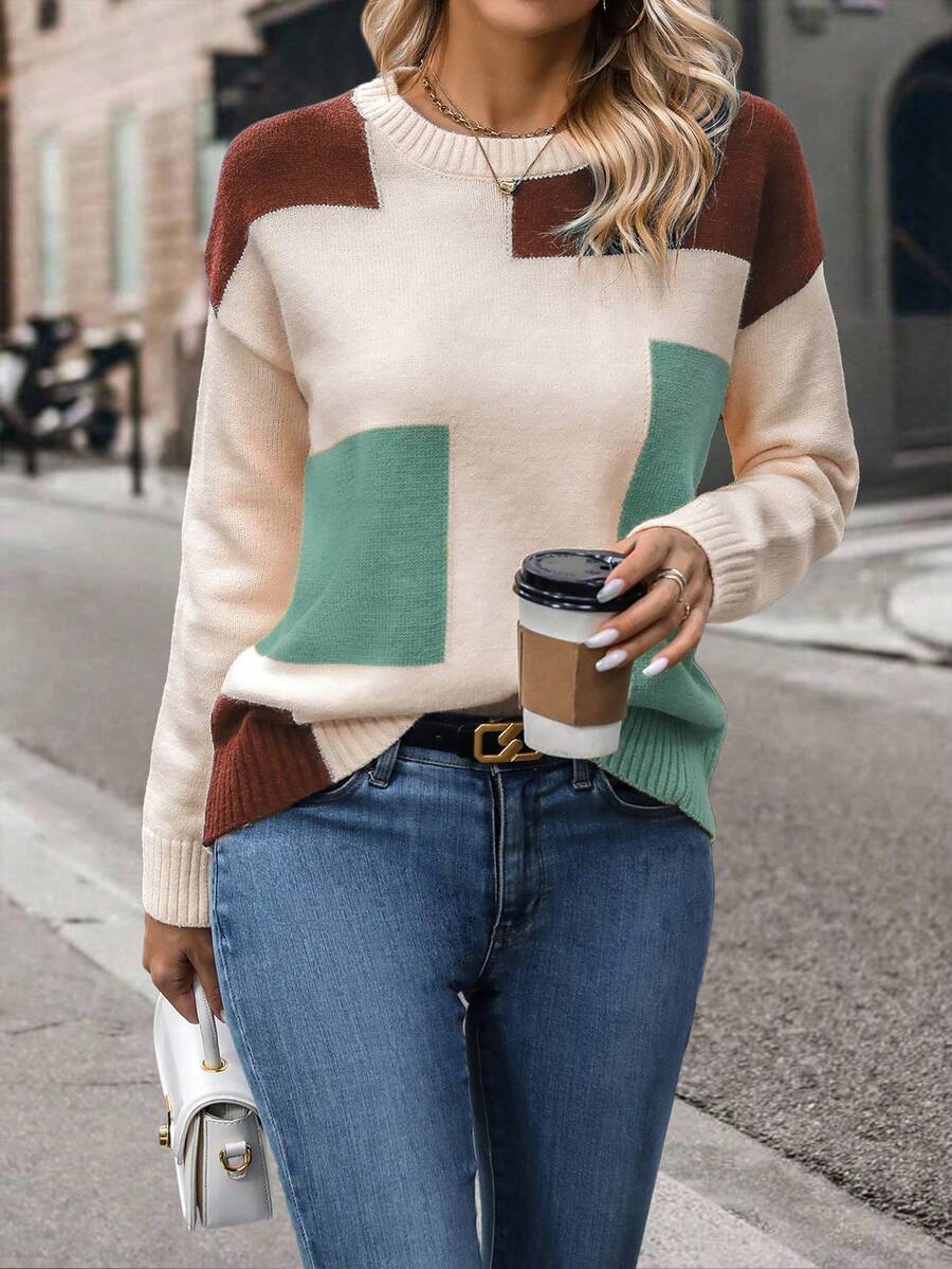 Áo len màu khối bất đối xứng hở vai thường ngày cho nữ, Thu/Đông - màu ngọc lam - Xem 1