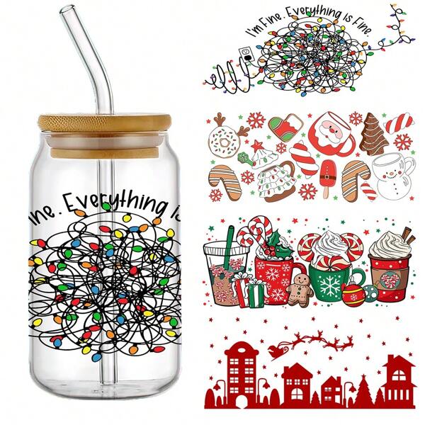 4pcs Fun Christmas UV DTF Self-Adhesive Cup Wraps - Waterproof & Scratch-Resistant 3D Crystal Stickers For Tumblers & Bottles, High-Quality Decals (4.3"X9.4")