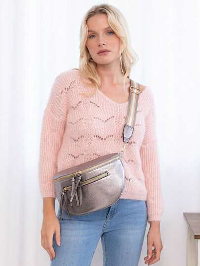 Fashionable Casual PU Leather Crossbody Bag With Zipper & Wide Webbing Strap