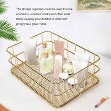 1 pieza Cesta de almacenamiento de metal estilo escandinavo, organizador de escritorio para maquillaje, joyería, artículos de papelería, bocadillos, color dorado, para volver al colegio