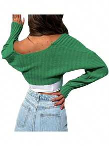 Women's Summer Open Front Cropped Cardigan Long Sleeve Solid Color Ribbed Knit Shrug Sweater Bolero Tops Streetwear - Green - View 8