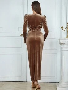 Simple Elegant Front Slit Fitted Long Sleeve Dress For Women - Khaki - View 2