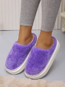 女士简约纯色厚毛绒一脚蹬拖鞋，保暖室内家居鞋，防滑软底，适合秋冬季 - 紫色 - 查看 5