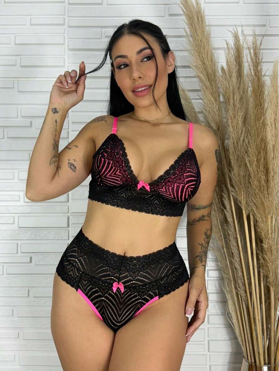 Sexy Lace Lingerie Set Panties And Bra Without Pads - Màu Hồng Tươi - Xem 1