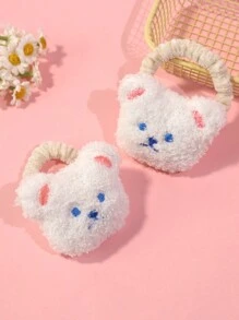 2 件装可爱卡通熊毛绒发圈，女孩蓬松发饰 - 彩色 - 查看 14