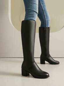 Botas altas de mujer cómodas con puntera redonda, tacón ancho y tacón intermedio, ajustado, con cremallera lateral
