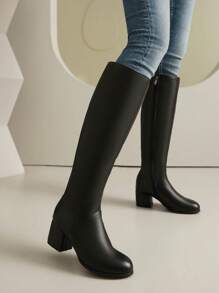 Botas altas de mujer cómodas con puntera redonda, tacón ancho y tacón intermedio, ajustado, con cremallera lateral