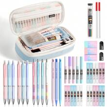 Nicpro 45PCS Aesthetic School Supplies With Big Capacity Pen Case, Pastel Mechanical Pencils 0.5, 0.7, 0.9, 2mm With 24 Tube Lead Refills(4B 2B HB 2H 4H COLORS) Erasers For Student Writing Drawing