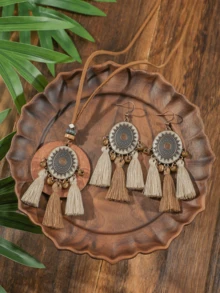 TopHanqi 3 件波西米亚风格棕色耳环和项链套装，珠宝，吊坠耳环配吊坠项链，毛衣链，适合女士、日常、办公室、派对、礼物 - 棕色 - 查看 6