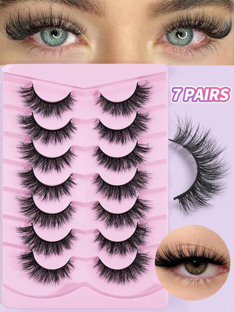 MAGEFY 7Pairs Of Natural Cross Full False Eyelashes,Thick Curling Fluffy Eyelashes Cat Eye Eyelashes 3D Natural False Lashes Fluffy Soft Cross Lashes Manga Lashes Wispy Eyelash Makeup For Party Use Manga Eyelashes, Travel Essentials - 黑色 - 查看 1