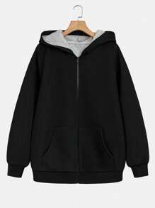 Oversized Thermal Lined Zip-Up Hoodie Jacket - Black - View 1