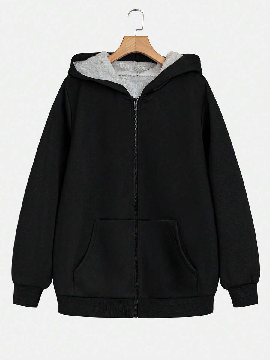 Oversized Thermal Lined Zip-Up Hoodie Jacket - Black - View 1