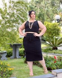 Plus Size Cropped And Skirt Set Fashion - Black - View 3