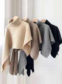1 件女士时尚不对称针织纯色休闲优雅高领斗篷披肩围巾，温暖适合秋冬季日常、通勤、约会和外出 - 彩色 - 查看 4