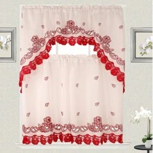3pc Curtain Set For Kitchen And Home Embroidered Roses Design Modern Style Consist Of 2 Tiers: 30"X36" Each And A Swag: 60"X36" Available In Beige/Red Or Beige/Gold Colors - Red - View 1