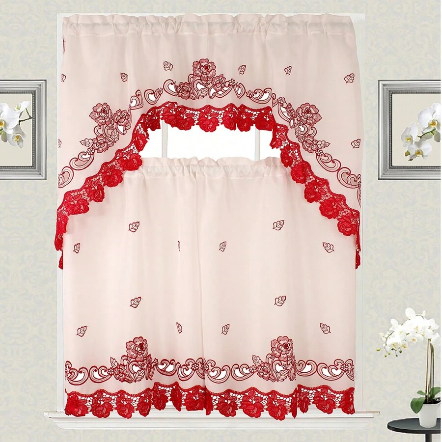 3pc Curtain Set For Kitchen And Home Embroidered Roses Design Modern Style Consist Of 2 Tiers: 30"X36" Each And A Swag: 60"X36" Available In Beige/Red Or Beige/Gold Colors - Red - View 1