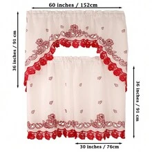 3pc Curtain Set For Kitchen And Home Embroidered Roses Design Modern Style Consist Of 2 Tiers: 30"X36" Each And A Swag: 60"X36" Available In Beige/Red Or Beige/Gold Colors - Red - View 6