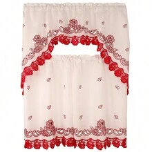 3pc Curtain Set For Kitchen And Home Embroidered Roses Design Modern Style Consist Of 2 Tiers: 30"X36" Each And A Swag: 60"X36" Available In Beige/Red Or Beige/Gold Colors - Red - View 2