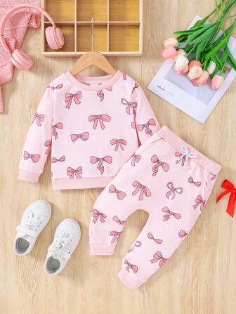 2024 年秋冬休闲可爱服装套装蝴蝶结印花圆领运动衫裤子套装