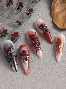 2 张蜘蛛指甲贴纸蜘蛛网星星 Y2K 万圣节红紫黑蜘蛛法式指甲 3D 指甲贴花美甲纹身装饰用品 - 彩色 - 查看 2