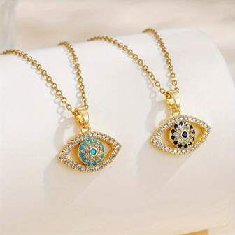 1 件 18K 镀金不锈钢水钻眼形吊坠项链，时尚简约个性化日常派对配饰，适合圣诞节、万圣节、情侣