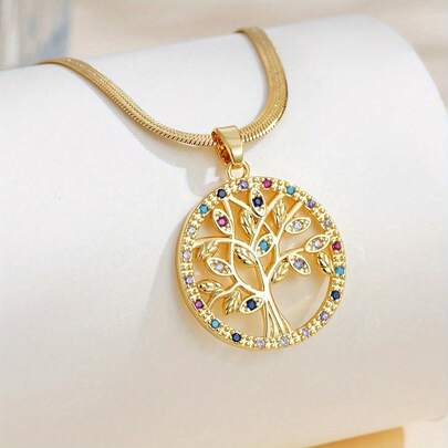 1pc Gold Stainless Steel Plated Cubic Zirconia Colorful Diamond Happiness Tree Design Necklace, Fashionable, Minimalist, Versatile For Women, Suitable For Street, Daily, Holiday, Party Occasions